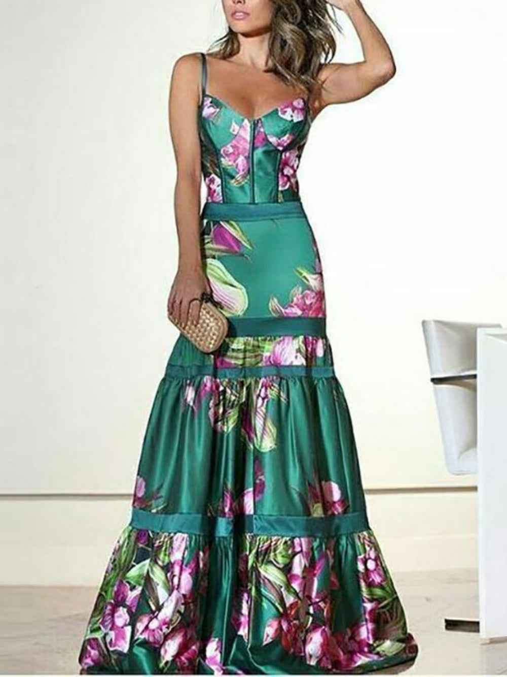 Longue Robe Maxi en Satin avec Panneau Imprimé et Bretelles au Dos