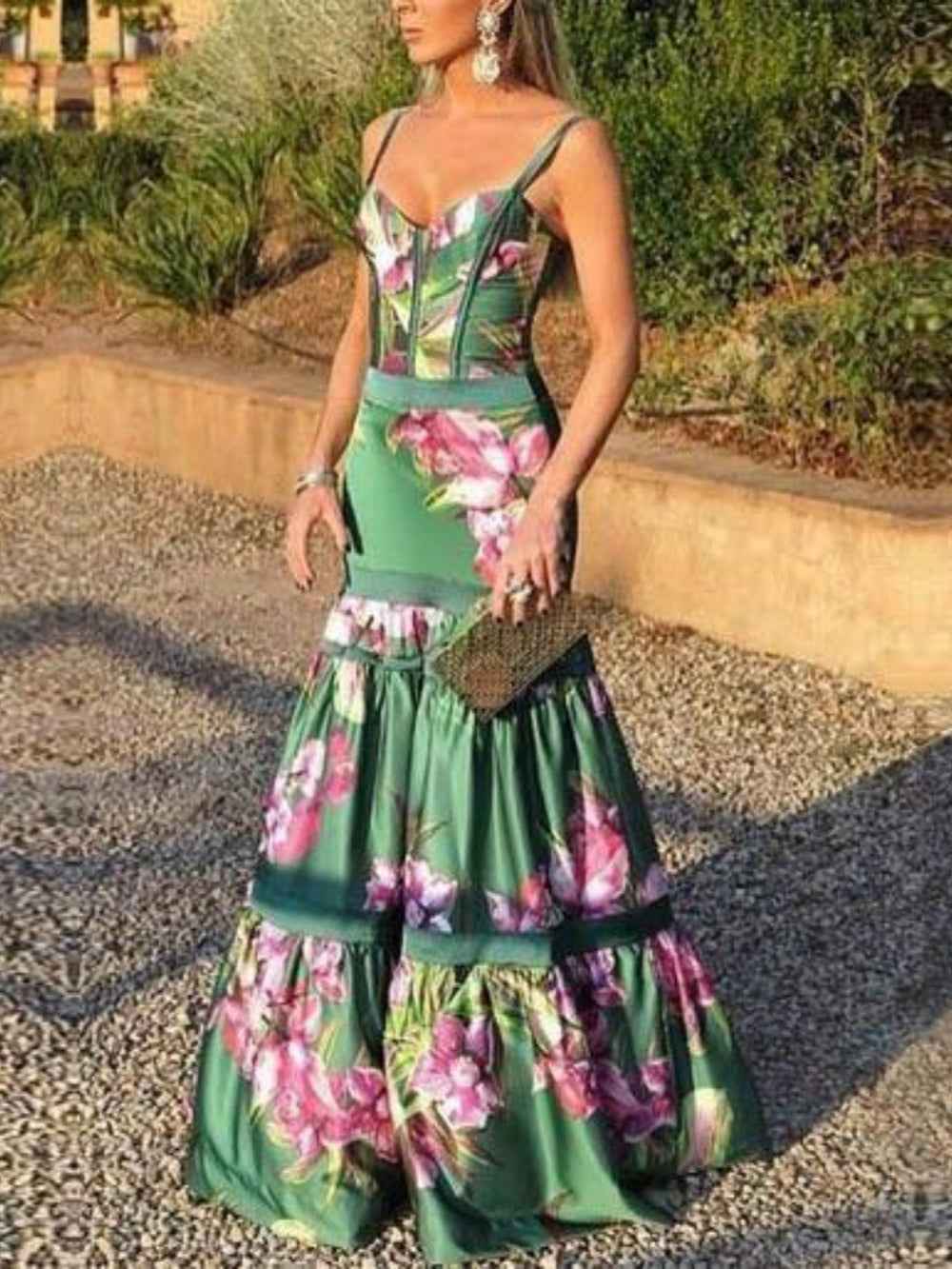 Longue Robe Maxi en Satin avec Panneau Imprimé et Bretelles au Dos