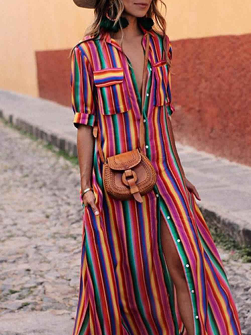 Chemise Rayée Décontractée et Jupe Longue à Imprimé Élégant