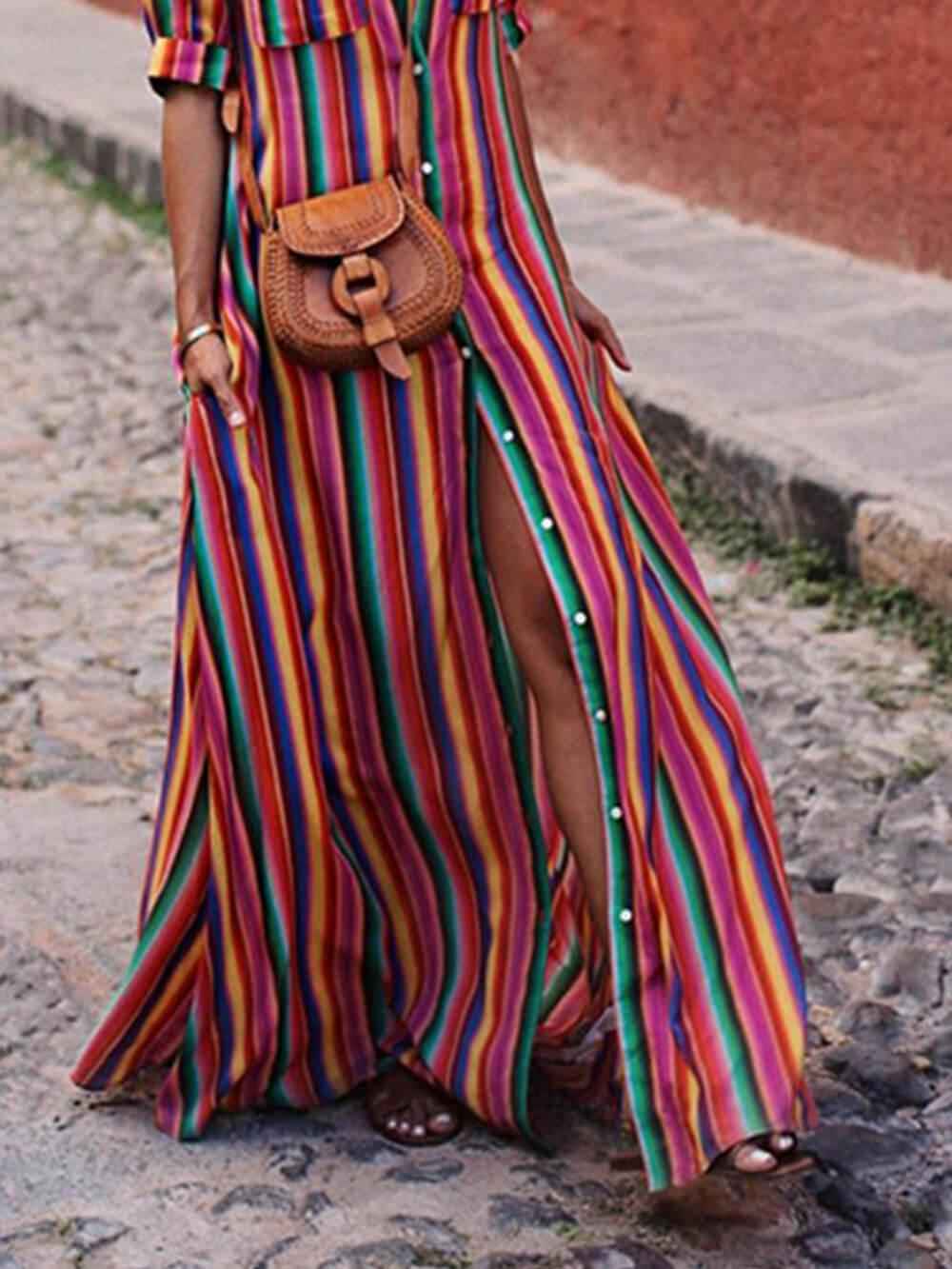 Chemise Rayée Décontractée et Jupe Longue à Imprimé Élégant