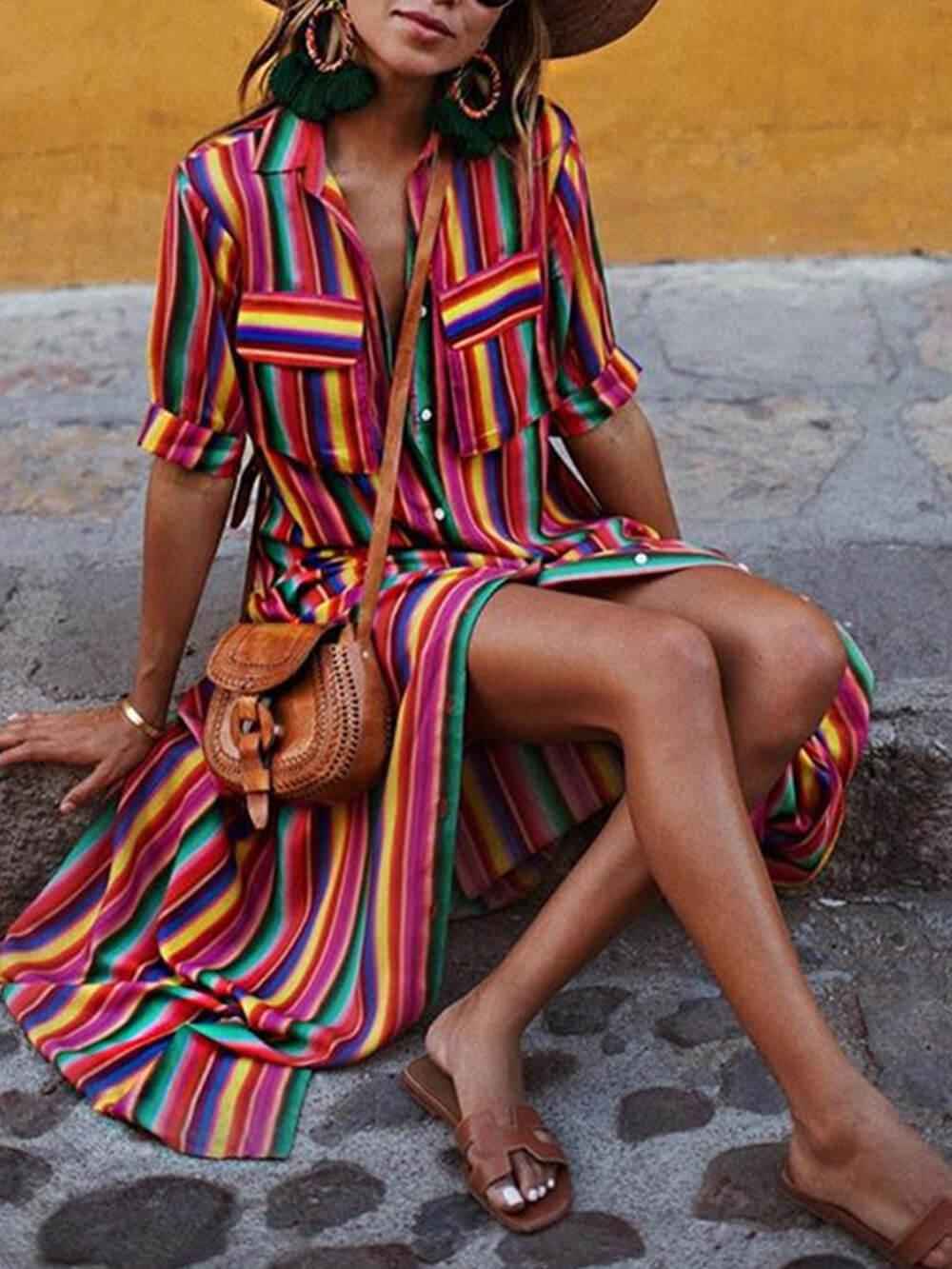 Chemise Rayée Décontractée et Jupe Longue à Imprimé Élégant