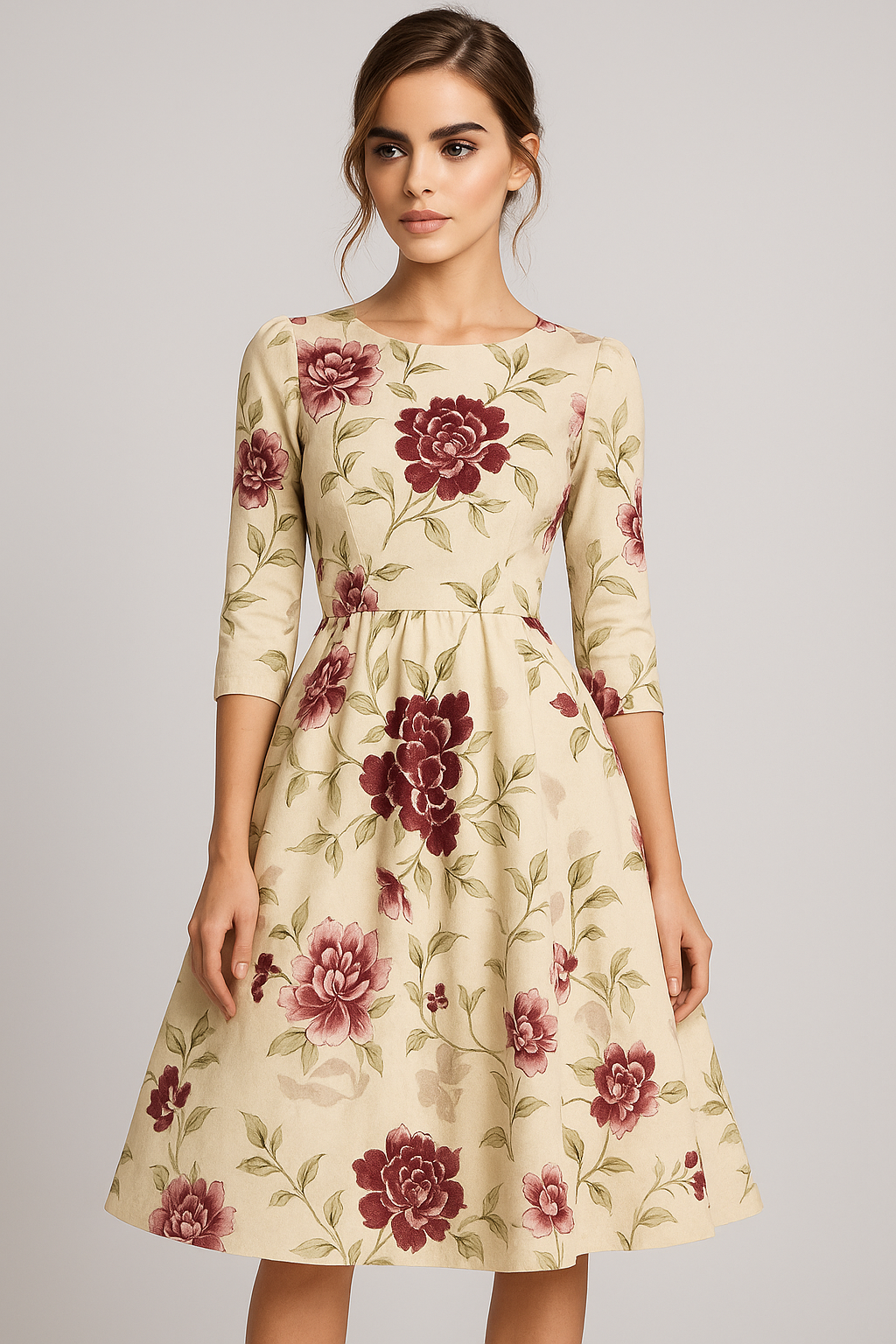 Robe midi à imprimé floral et manches 3/4 Femme