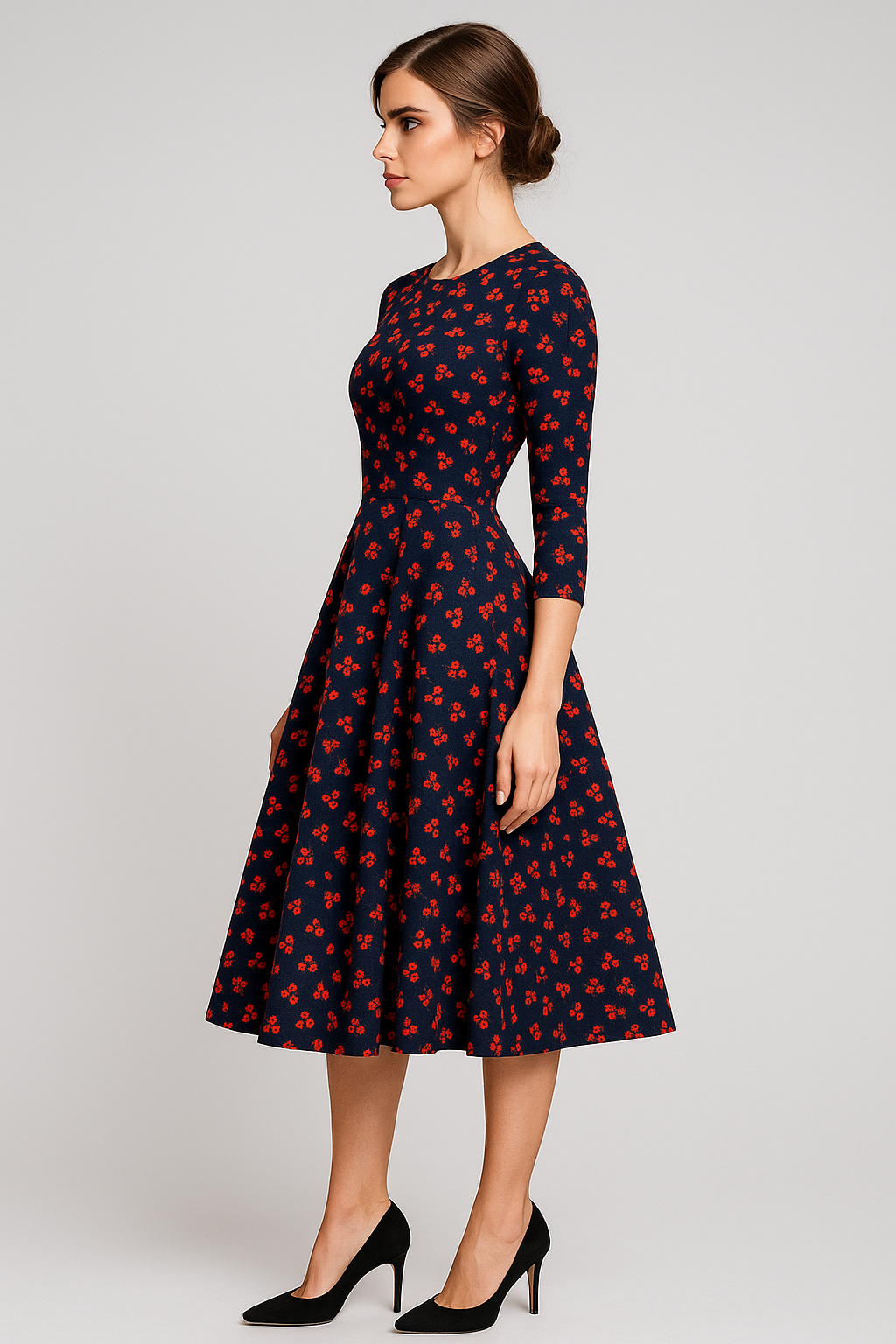 Robe midi à imprimé floral et manches 3/4 Femme