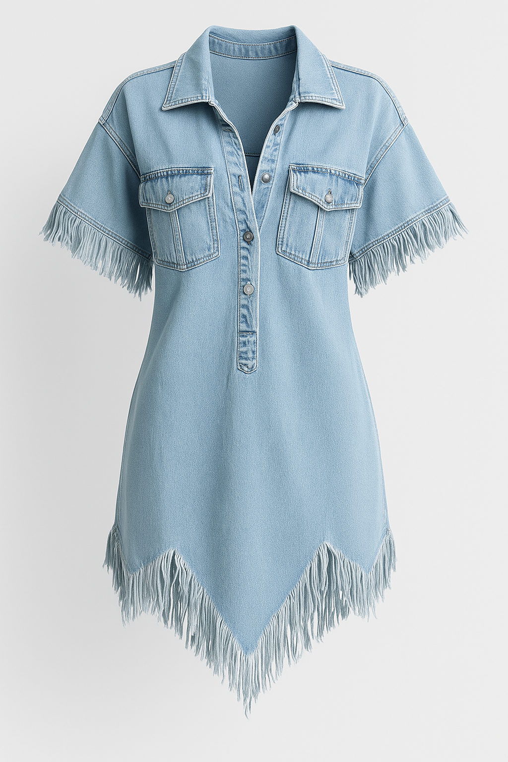 Denim skjortekjole Dakota med frynser og brystlommer til kvinder