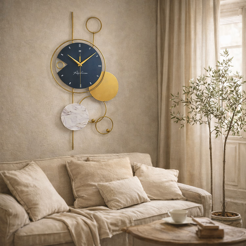 Horloge Murale Design Moderne Métal Doré Cadran Silencieux Quartz 78x38 Cm