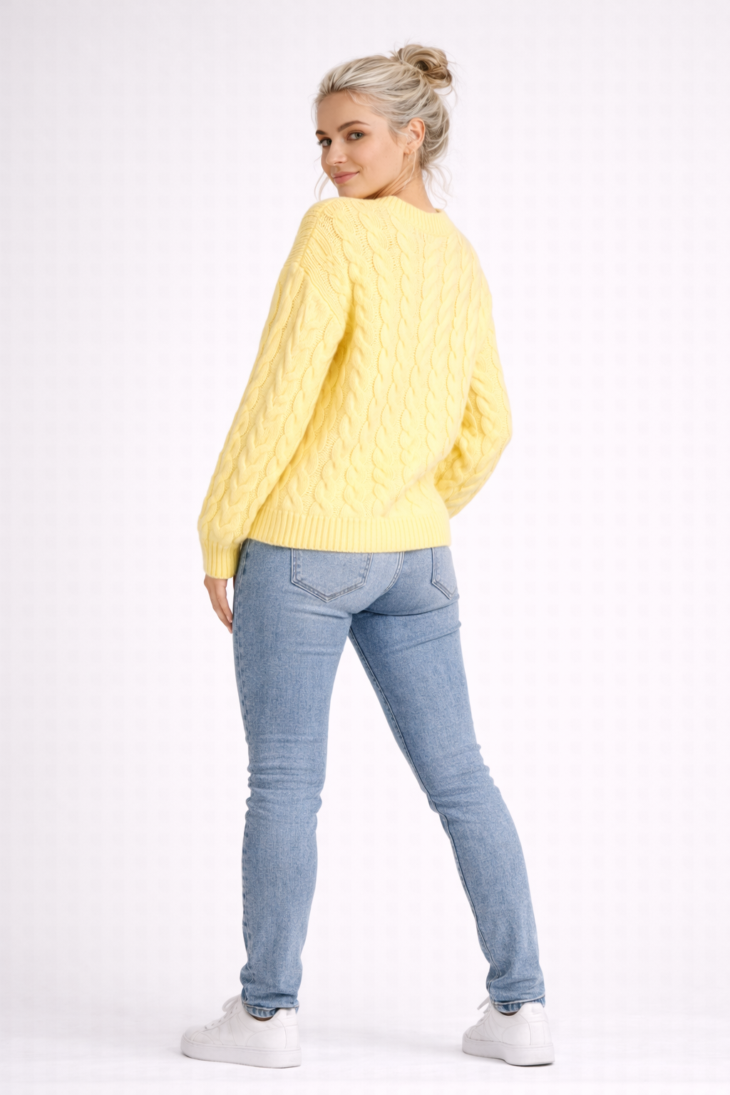 Damen gelber Zopfmusterpullover Acryl Pflegeleicht