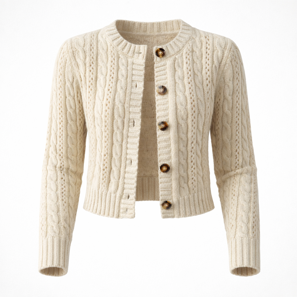 Cardigan Femme Maille Câblée Boutons Bois Manches Longues Coupe Courte