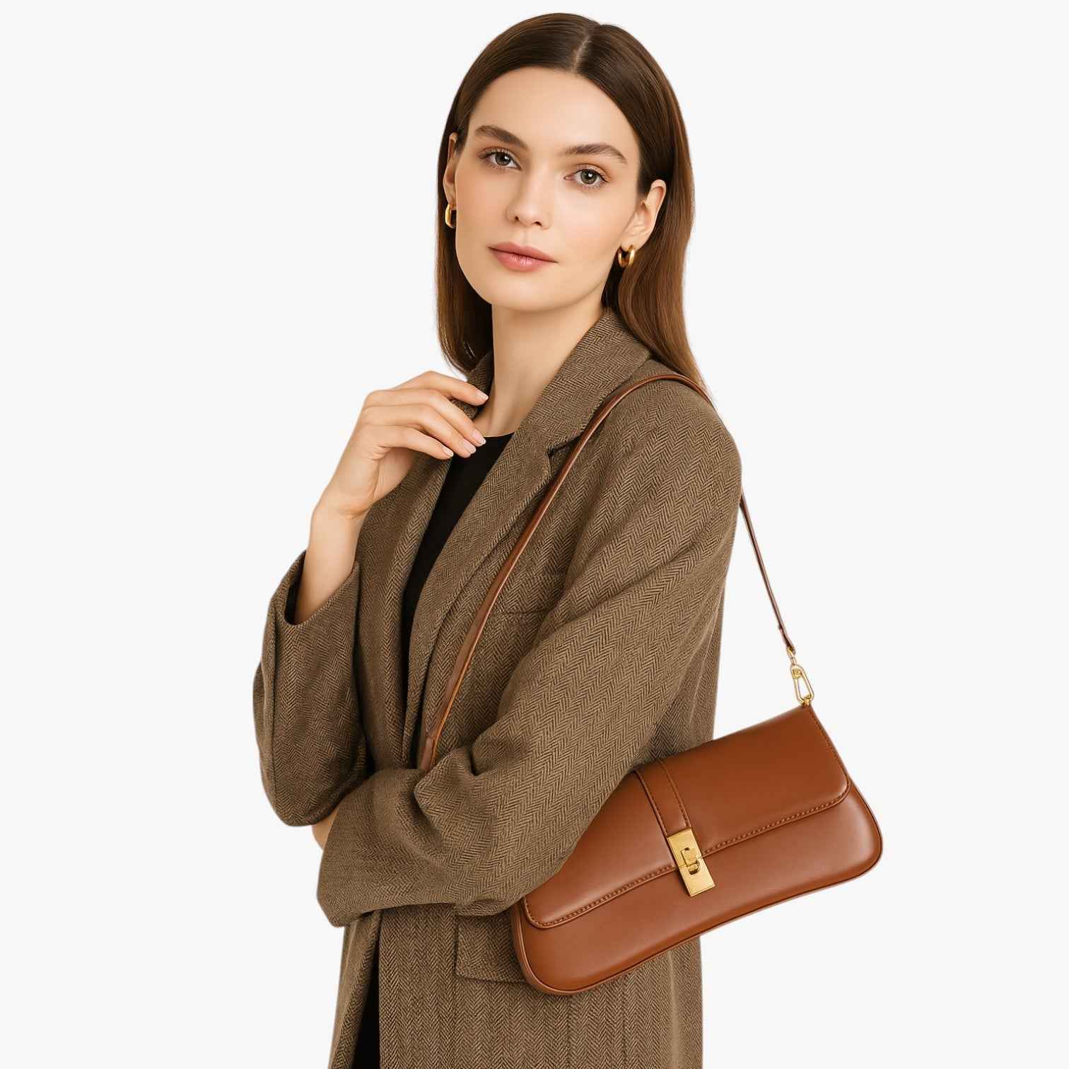 Sac Baguette Femme en Cuir Véritable Noir de Luxe, Élégant et Compact