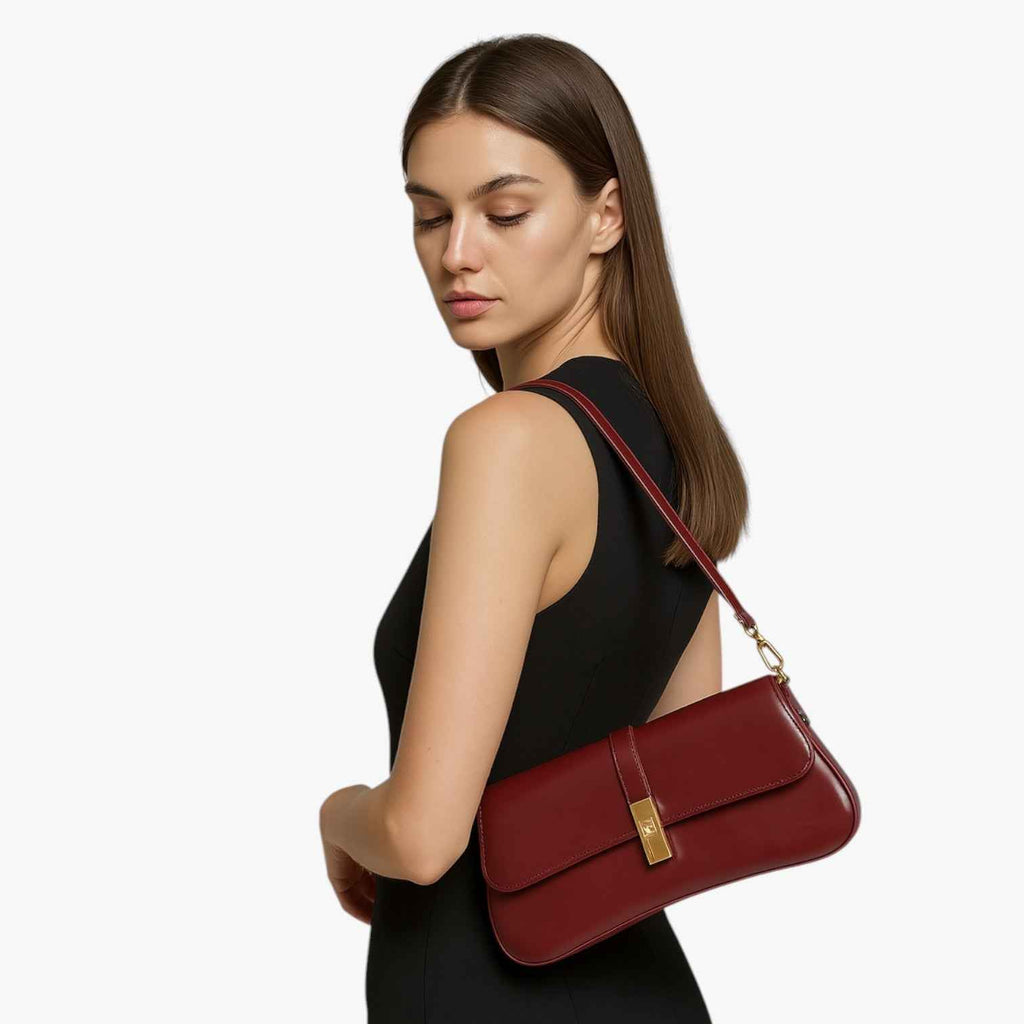 Sac Baguette Femme en Cuir Véritable Noir de Luxe, Élégant et Compact