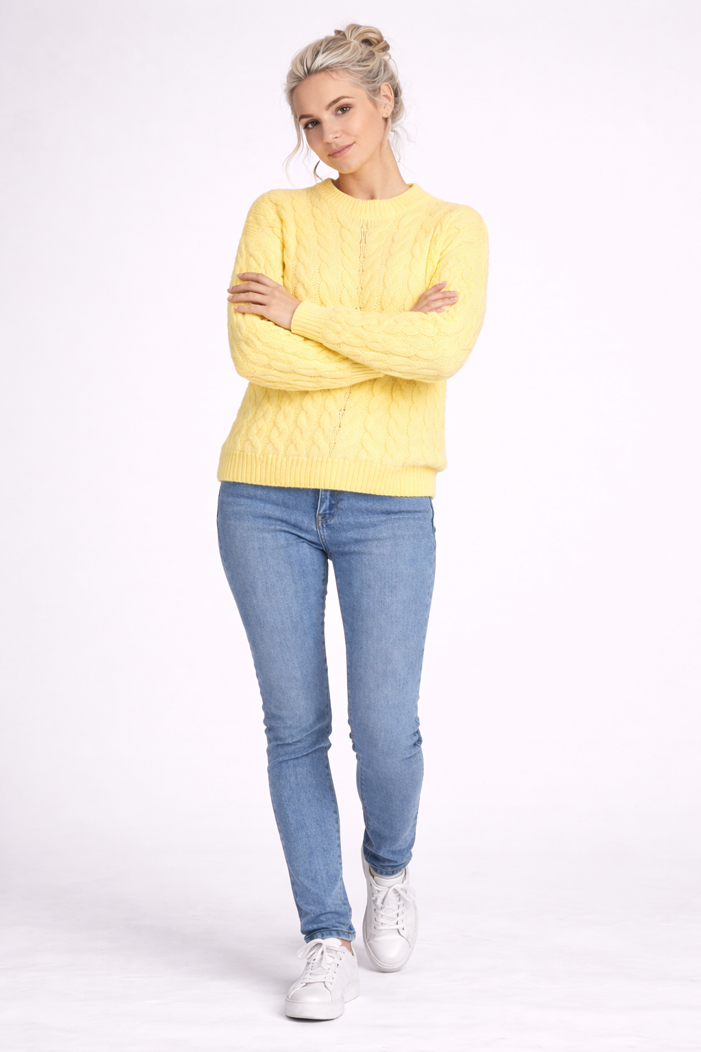 Damen gelber Zopfmusterpullover Acryl Pflegeleicht