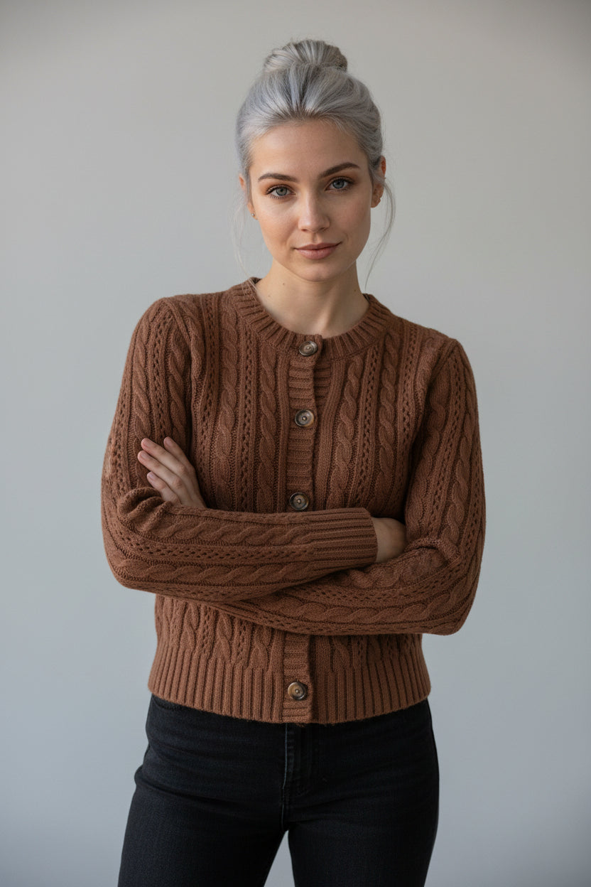 Cardigan Femme Maille Câblée Boutons Bois Manches Longues Coupe Courte