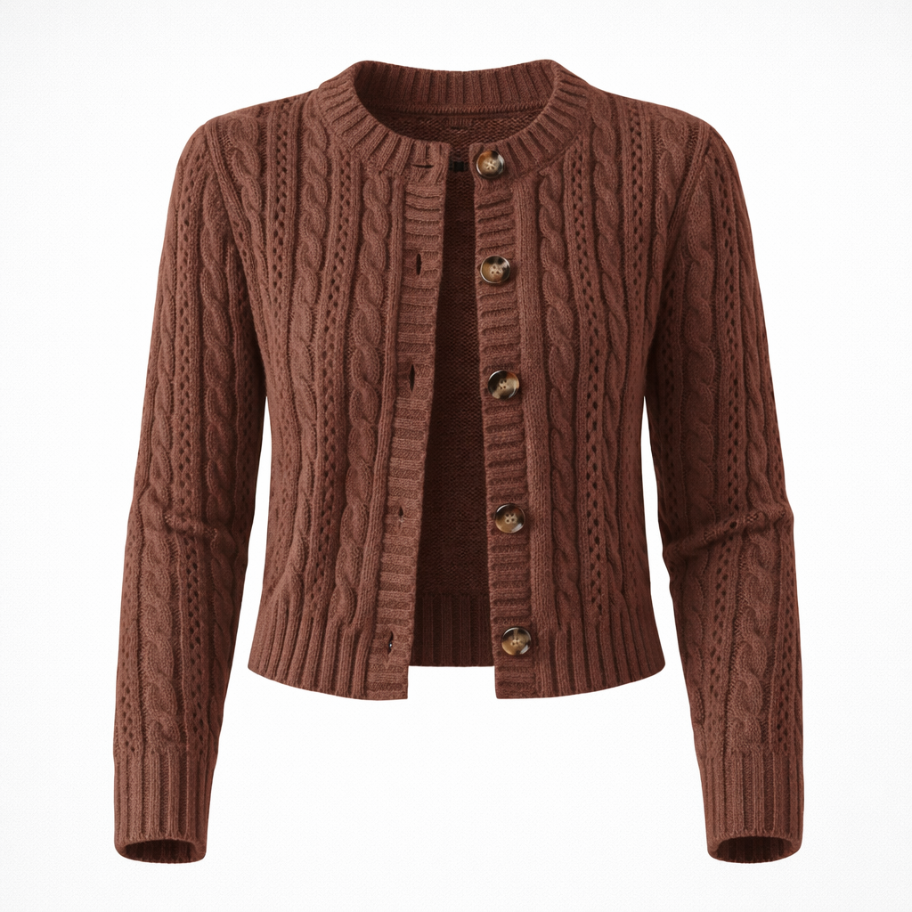 Cardigan Femme Maille Câblée Boutons Bois Manches Longues Coupe Courte