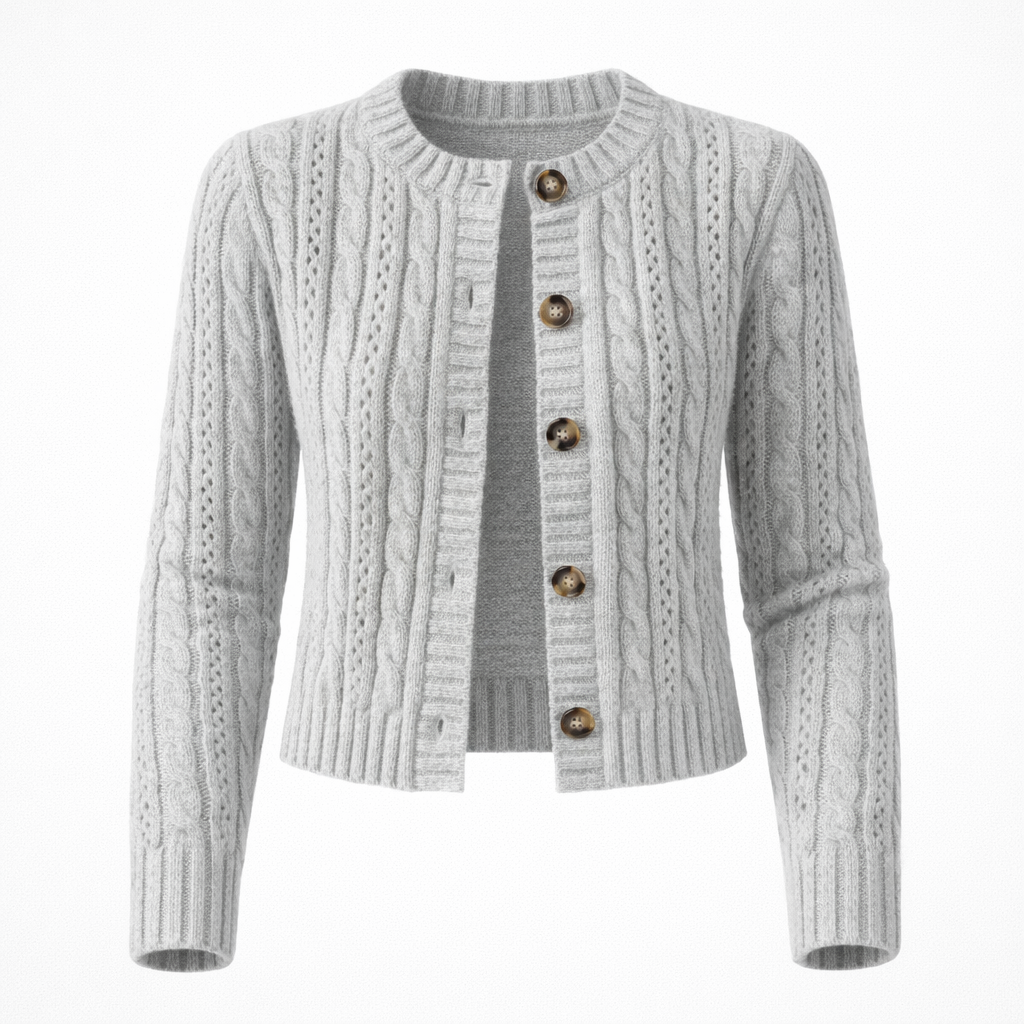 Cardigan Femme Maille Câblée Boutons Bois Manches Longues Coupe Courte