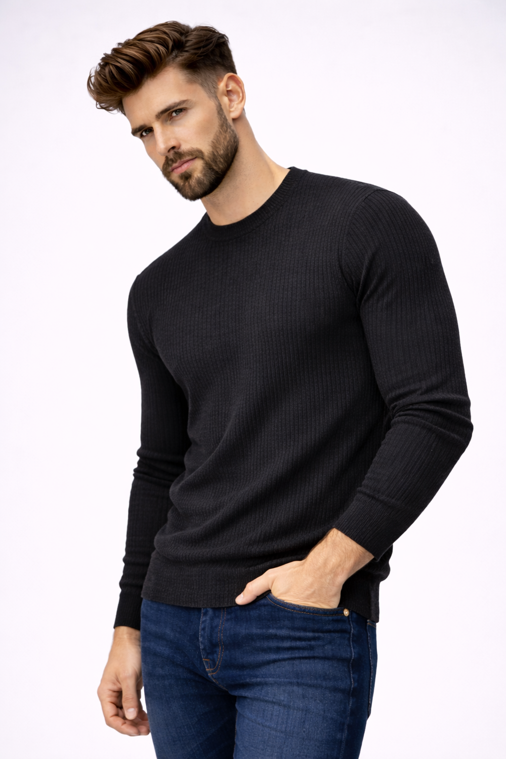 Herren Slim Fit Rippstrickpullover Bequeme Herrenmode