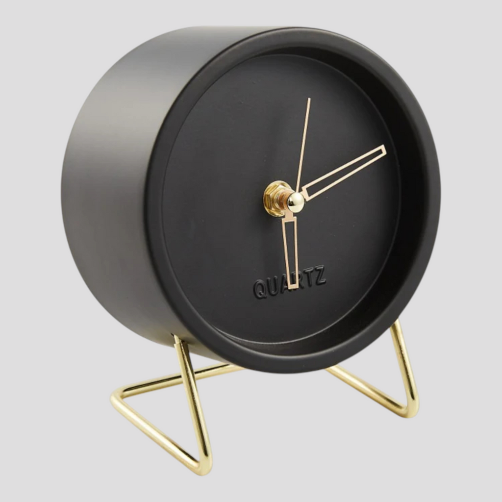 Horloge de Table Design Minimaliste – Noire avec Pied Doré