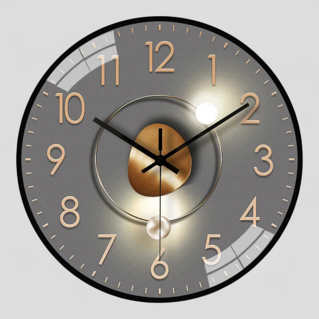 Montre Murale Ronde Moderne – Cadran Gris et Détails Dorés, 20 cm