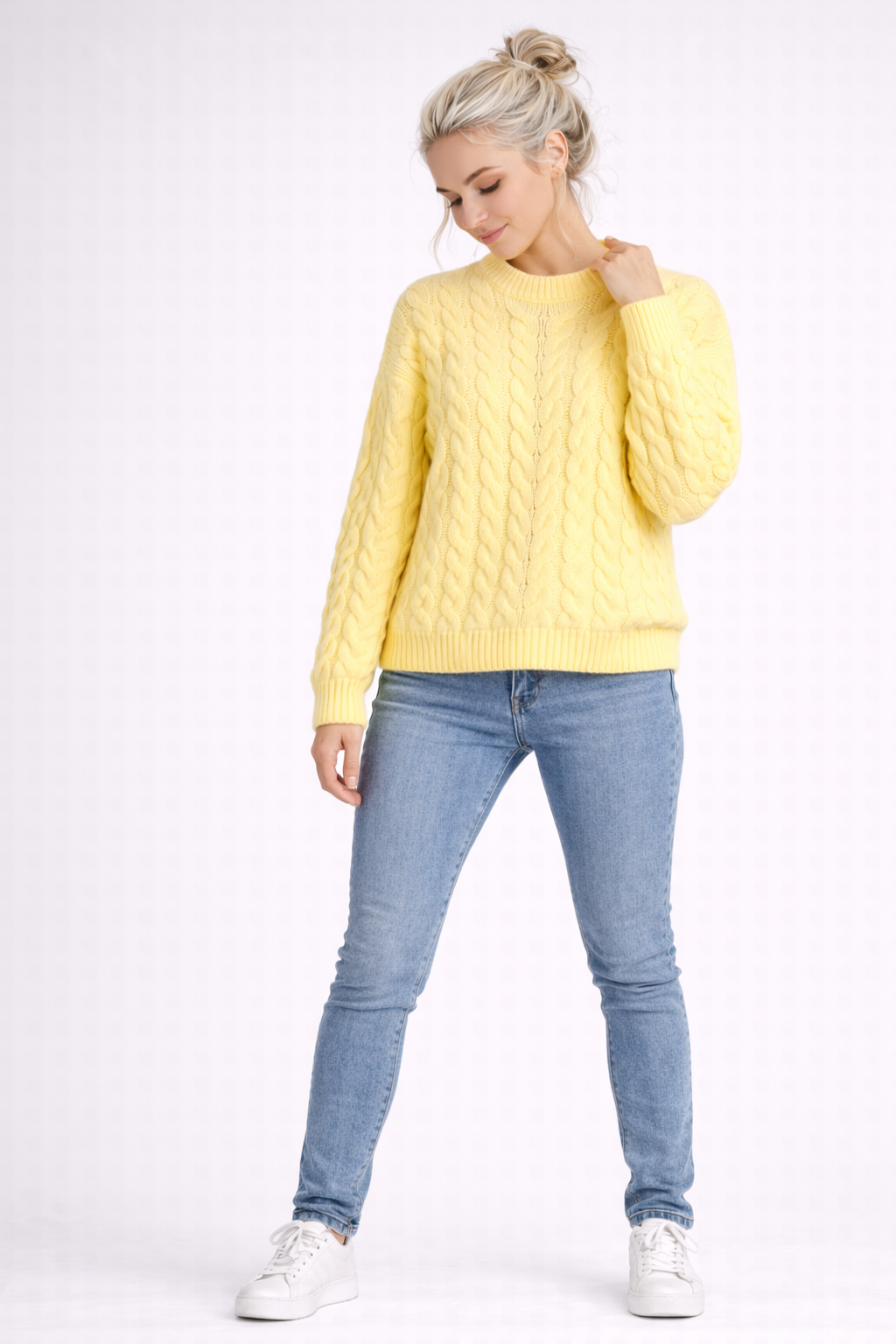 Damen gelber Zopfmusterpullover Acryl Pflegeleicht