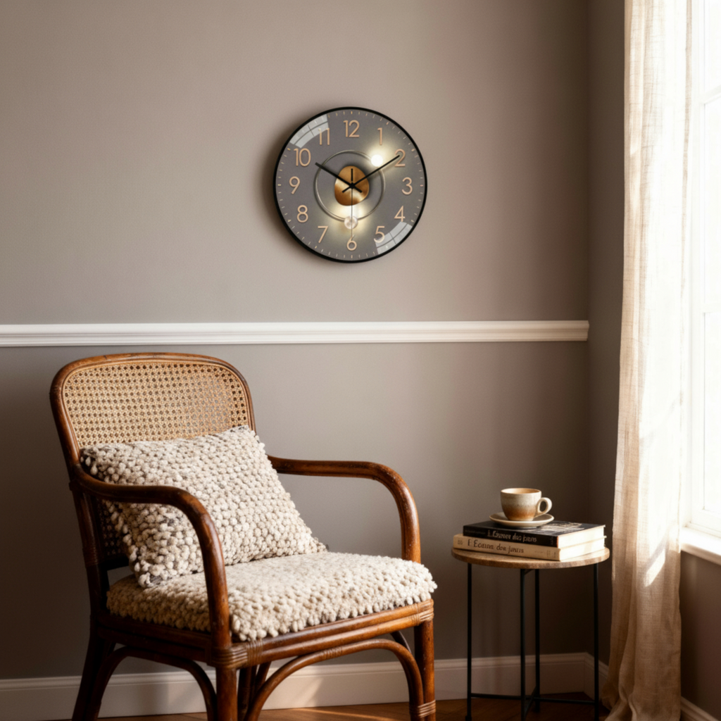 Montre Murale Ronde Moderne – Cadran Gris et Détails Dorés, 20 cm