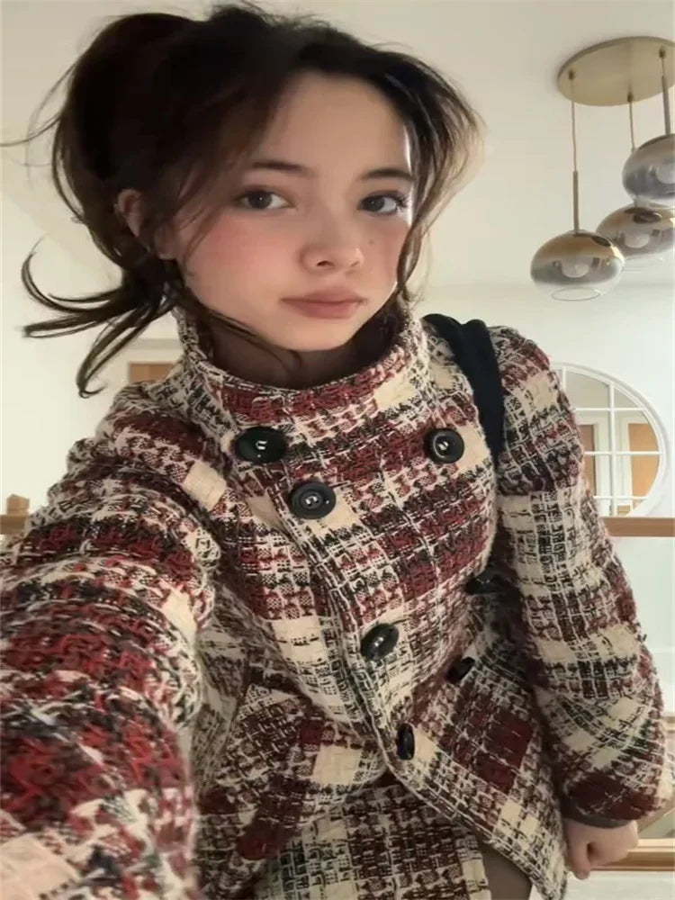 Manteau Femme Chic à Carreaux Court 1
