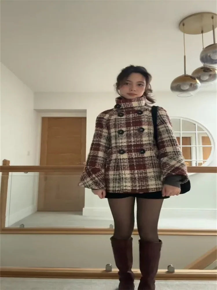 Manteau Femme Chic à Carreaux Court 2