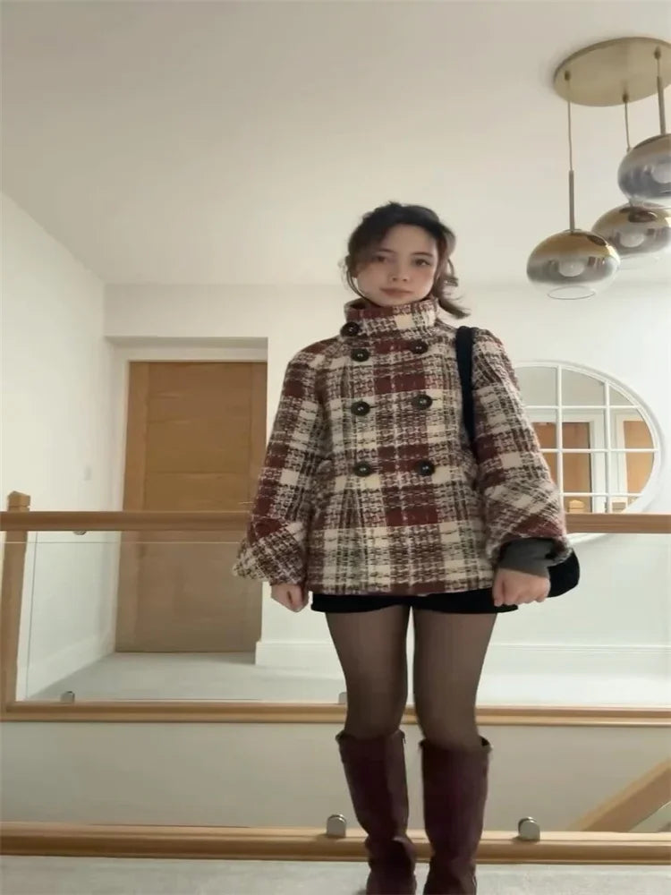 Manteau Femme Chic à Carreaux Court 3