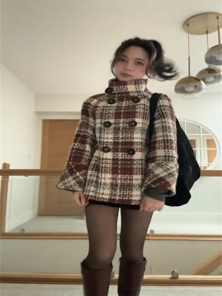 Manteau Femme Chic à Carreaux Court 4