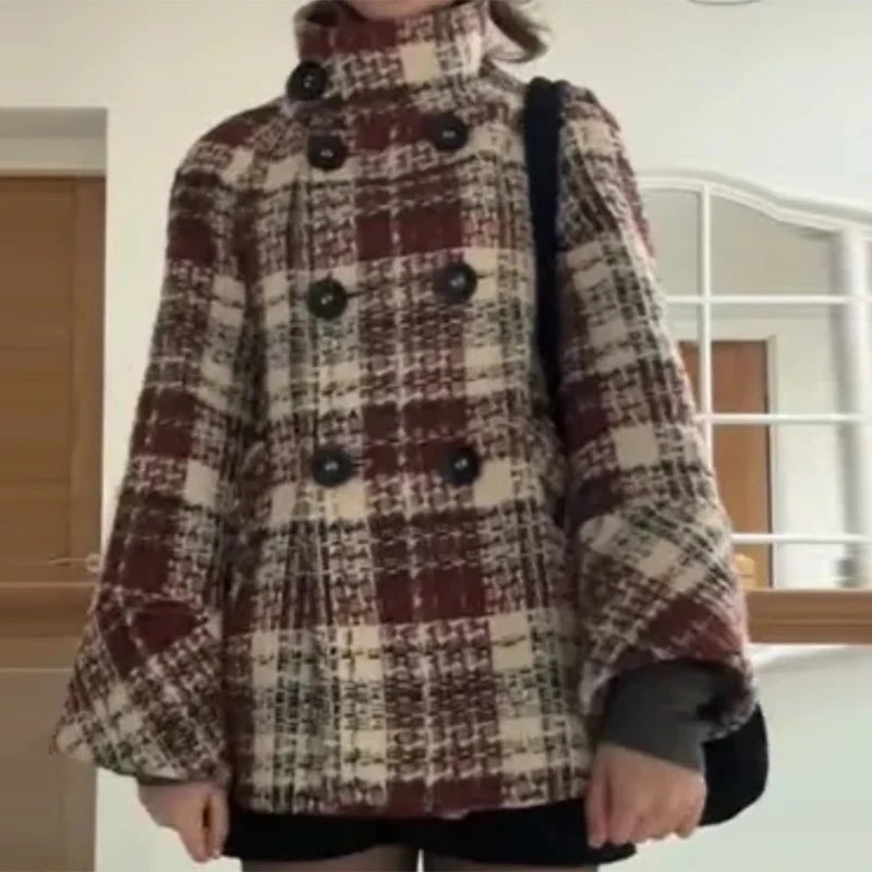 Manteau Femme Chic à Carreaux Court 6