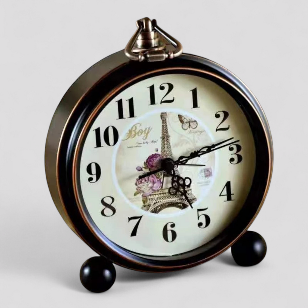 Horloge de table style vintage avec motif Tour Eiffel – Finition métal noir et bronze