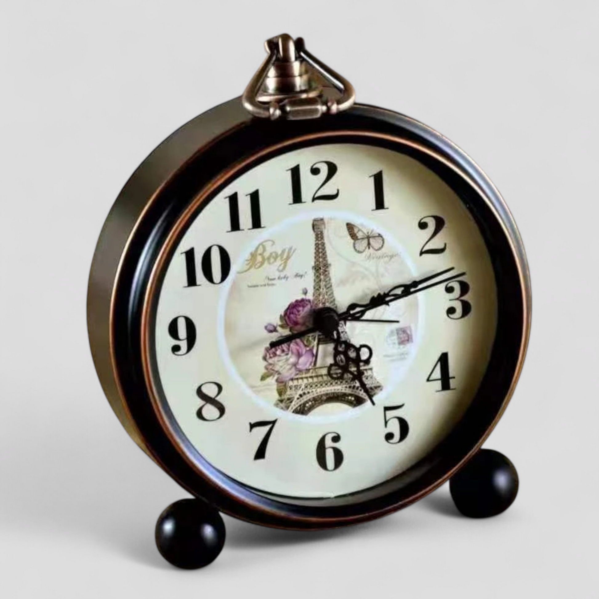Horloge de table style vintage avec motif Tour Eiffel – Finition métal noir et bronze