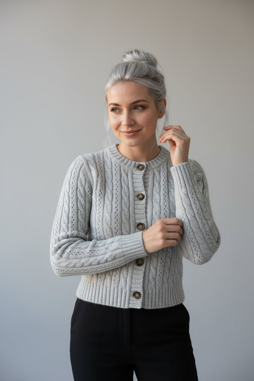 Cardigan Femme Maille Câblée Boutons Bois Manches Longues Coupe Courte