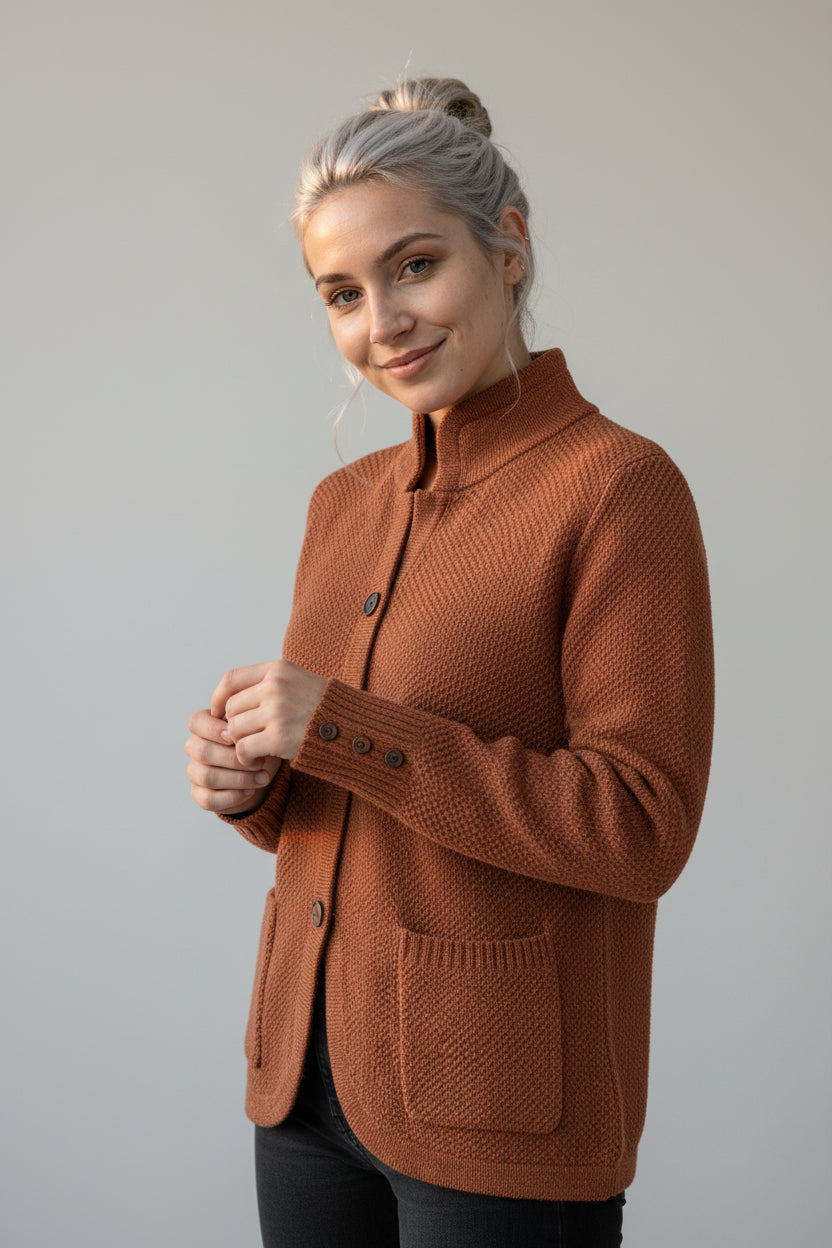 Cardigan Femme Maille Câblée Boutons Bois