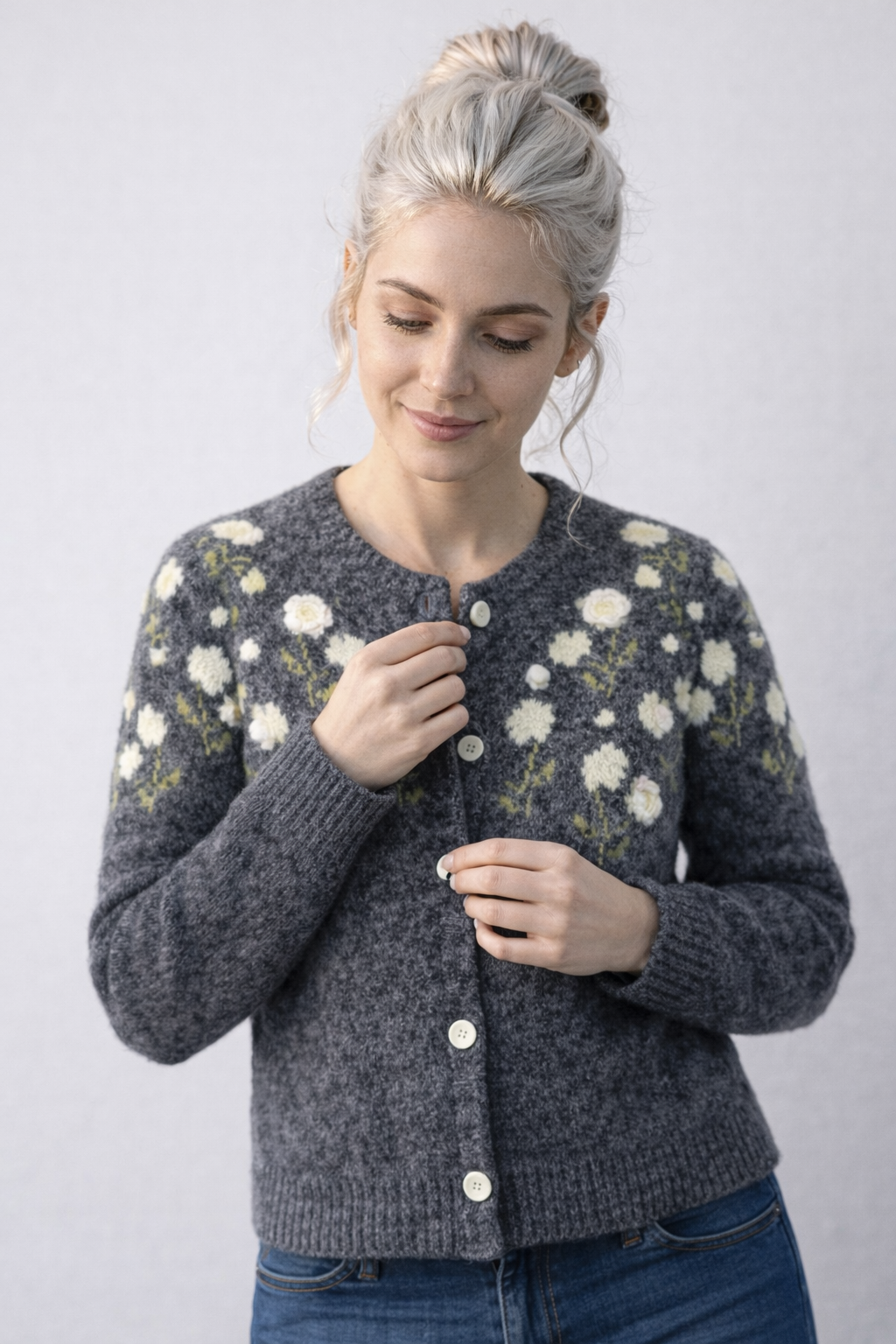 Weit geschnittener Damenpullover mit 3D-Stickerei, Vintage, Wolle