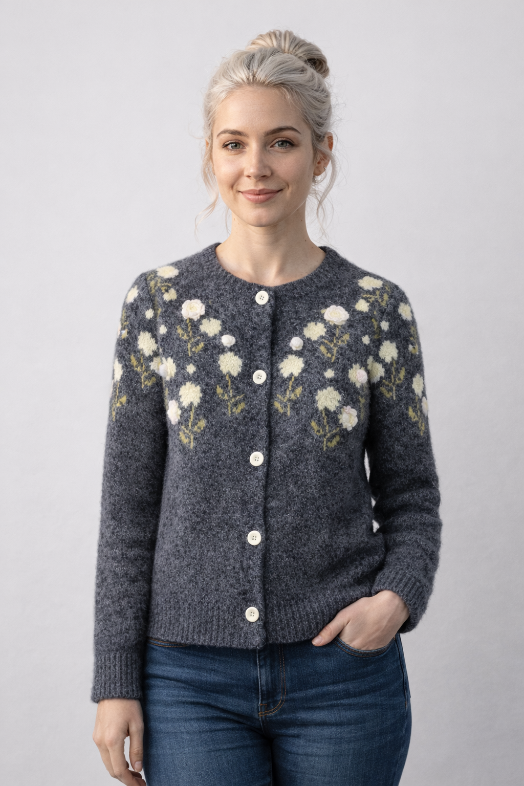 Weit geschnittener Damenpullover mit 3D-Stickerei, Vintage, Wolle