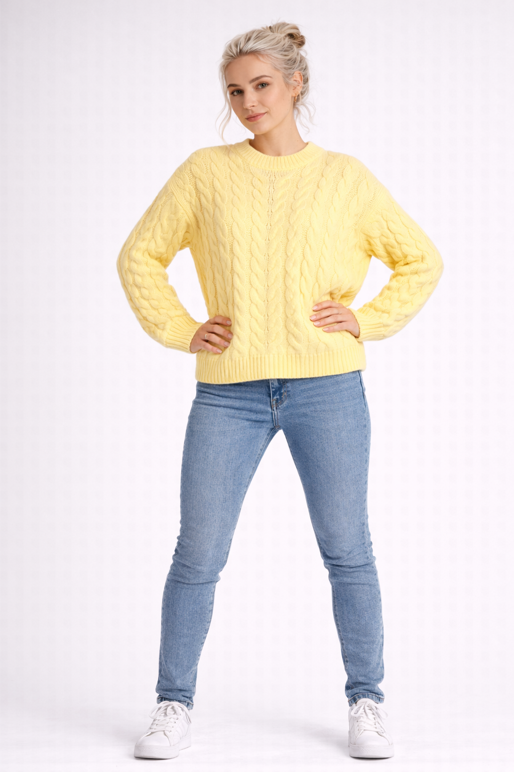 Damen gelber Zopfmusterpullover Acryl Pflegeleicht