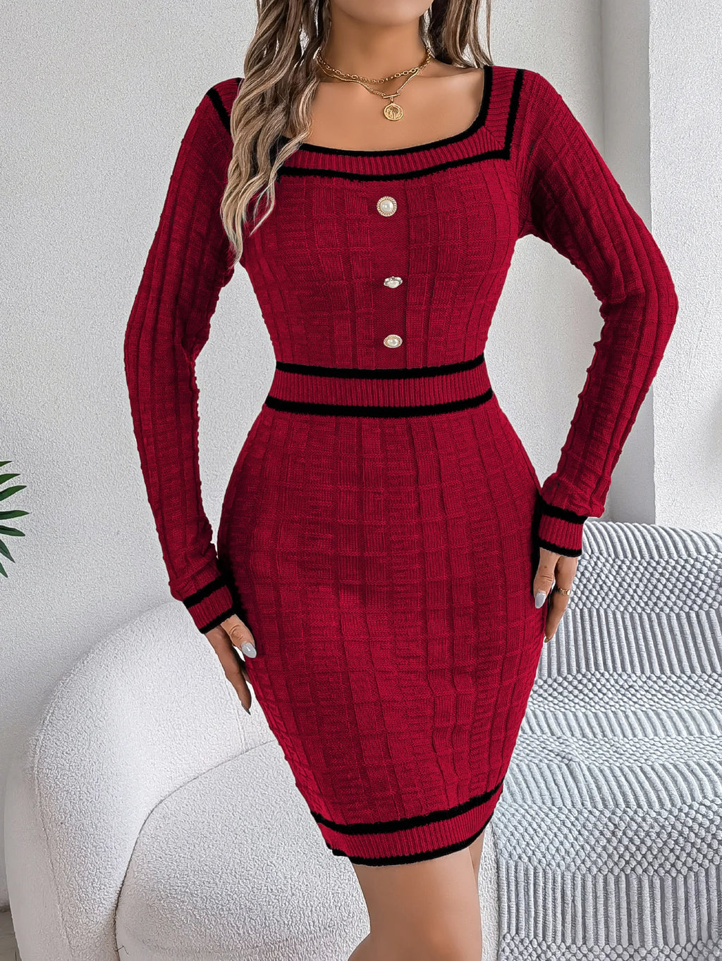 Robe Pull Femme Élégante à Col Carré 0