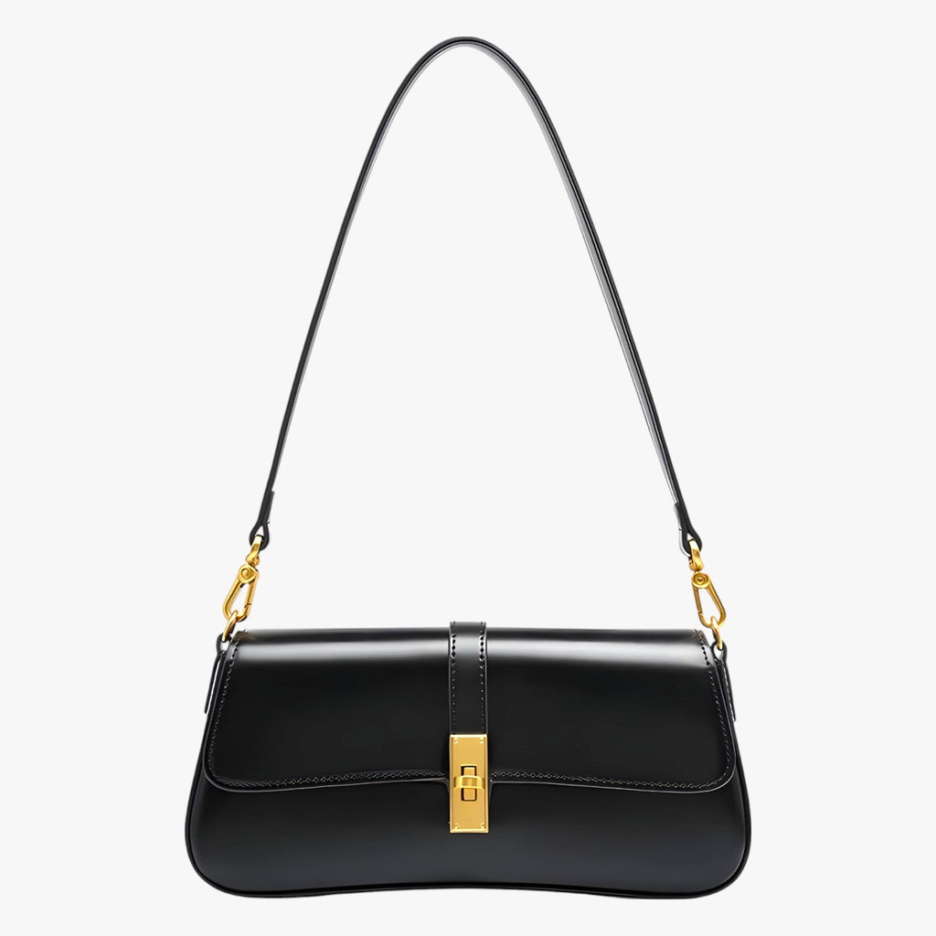 Luxuriöse schwarze Damen-Baguette-Tasche aus echtem Leder, elegant und kompakt