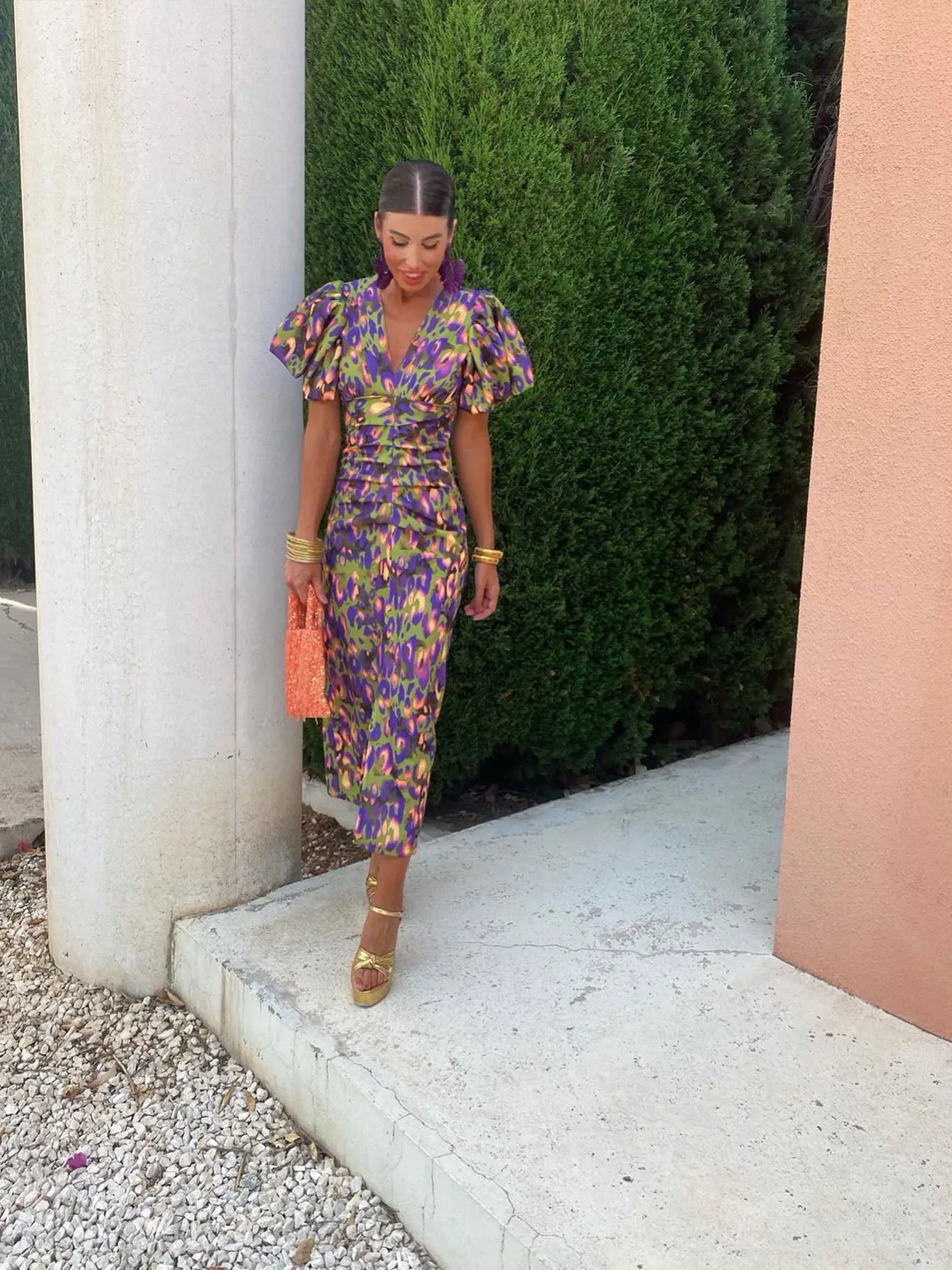 Fließendes Midikleid mit Blumenmuster Emery für Damen - elegant, leicht für den Sommer, Puffärmel