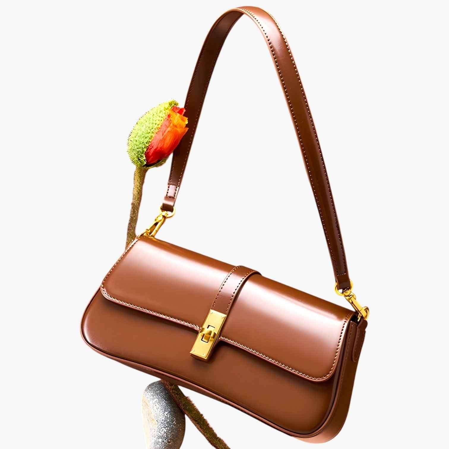 Sac Baguette Femme en Cuir Véritable Noir de Luxe, Élégant et Compact