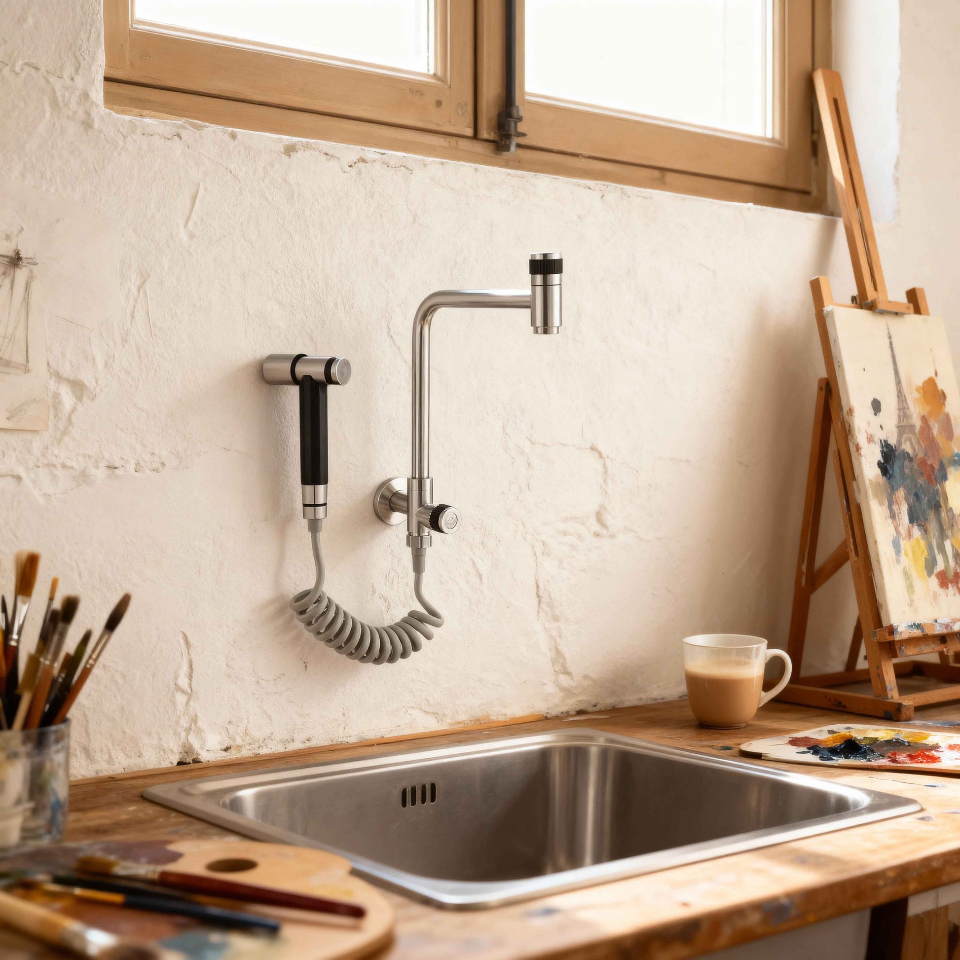 Robinet Mural de Cuisine en Acier Inoxydable - Bec Rotatif