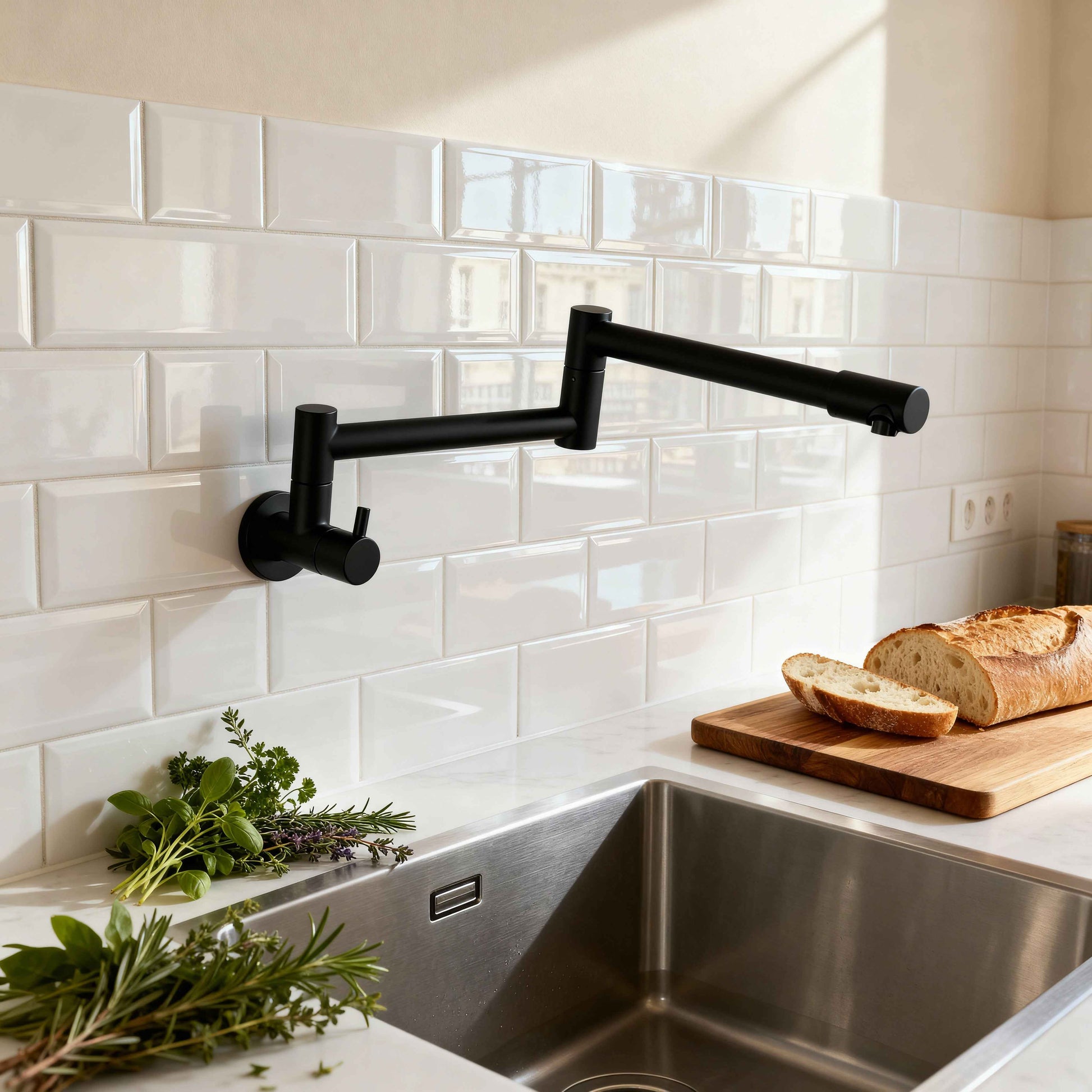 Robinet Cuisine Mural Noir Pliable en Acier Inoxydable – Eau Froide