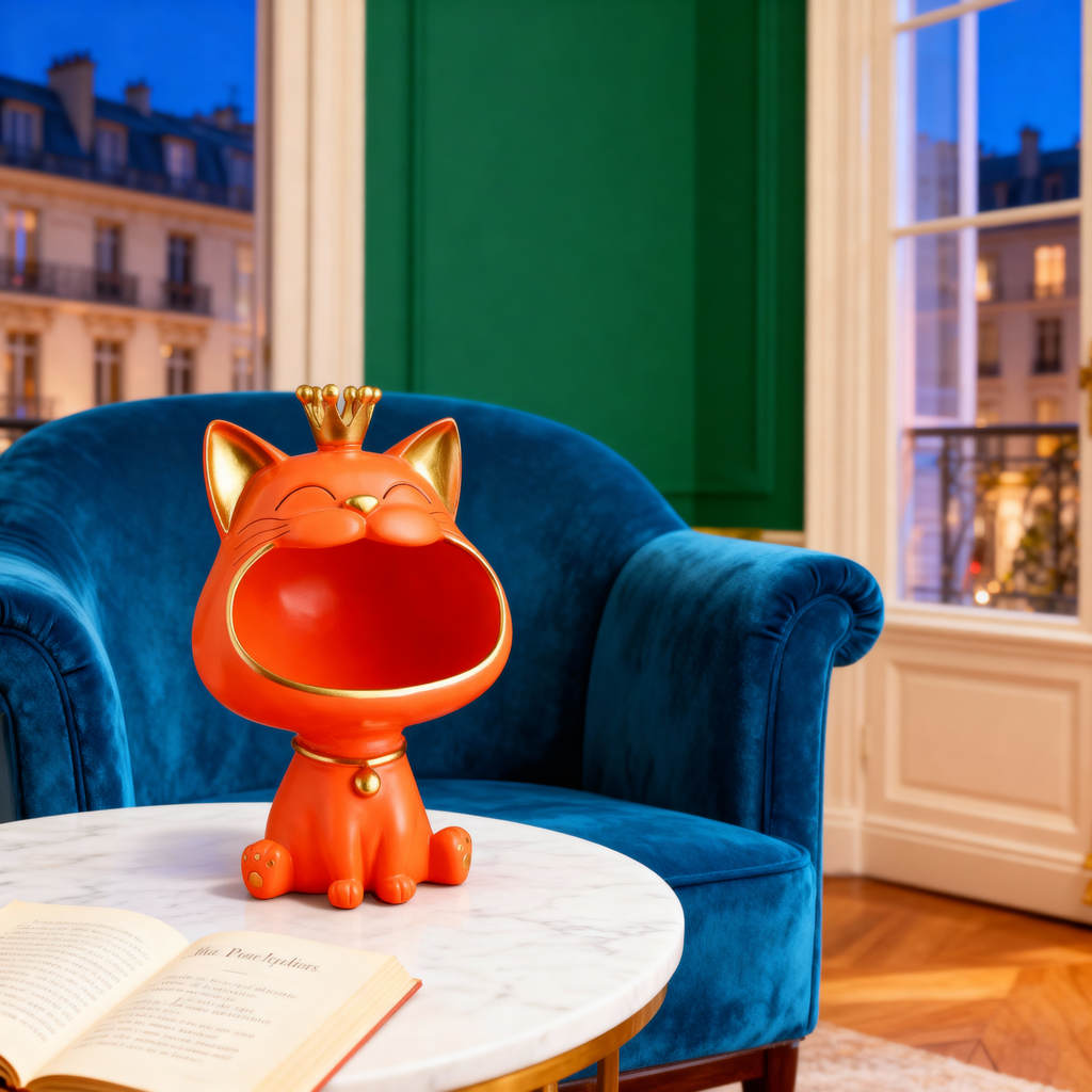 Statue Chat en Résine avec Couronne – Décoration Intérieure Mignonne