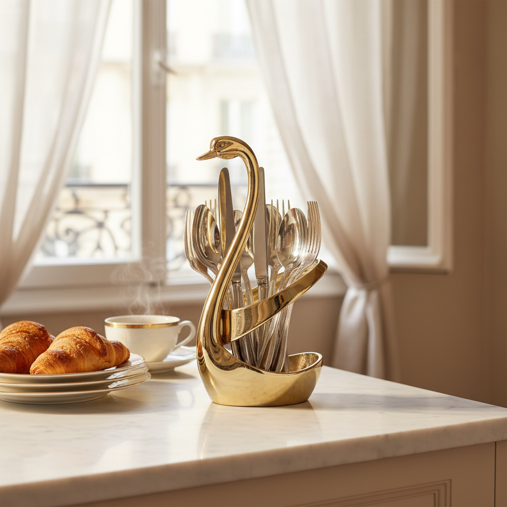 Porte-Couverts en Métal Forme Cygne – Argenté Ou Doré