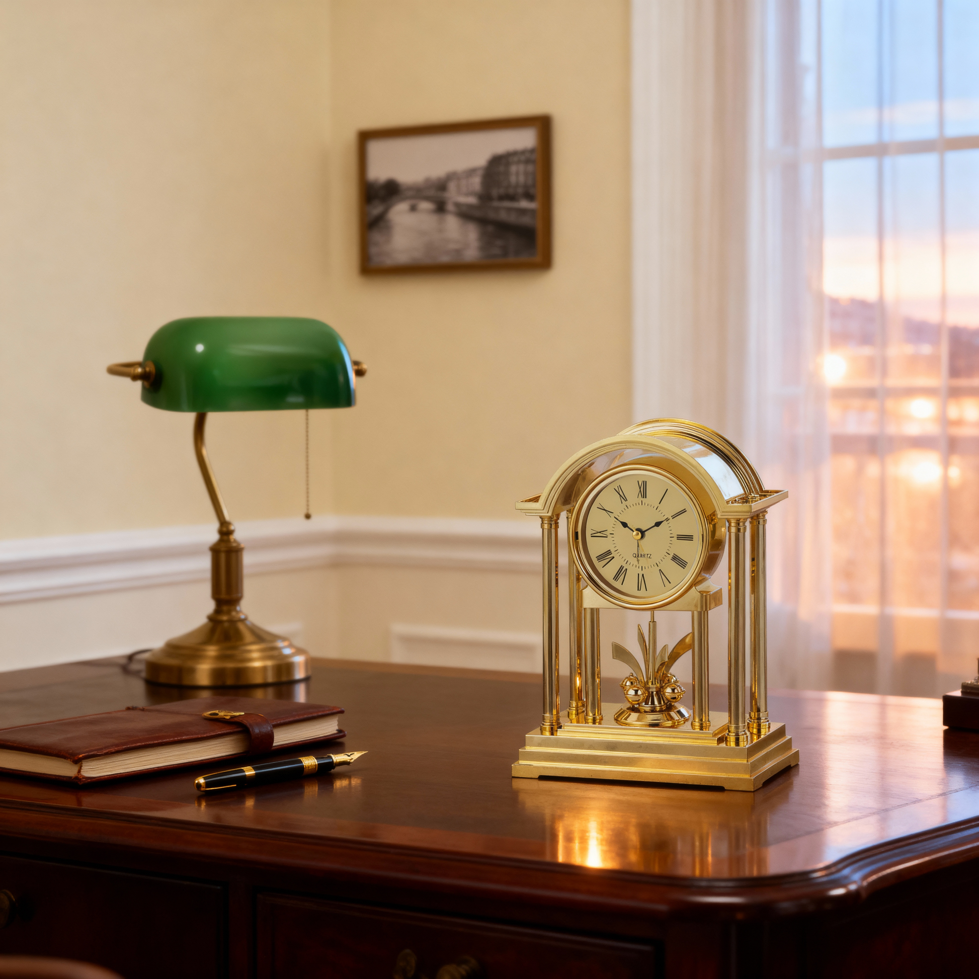 Horloge à Quartz de Table Style Classique – Finition Dorée avec Chiffres Romains