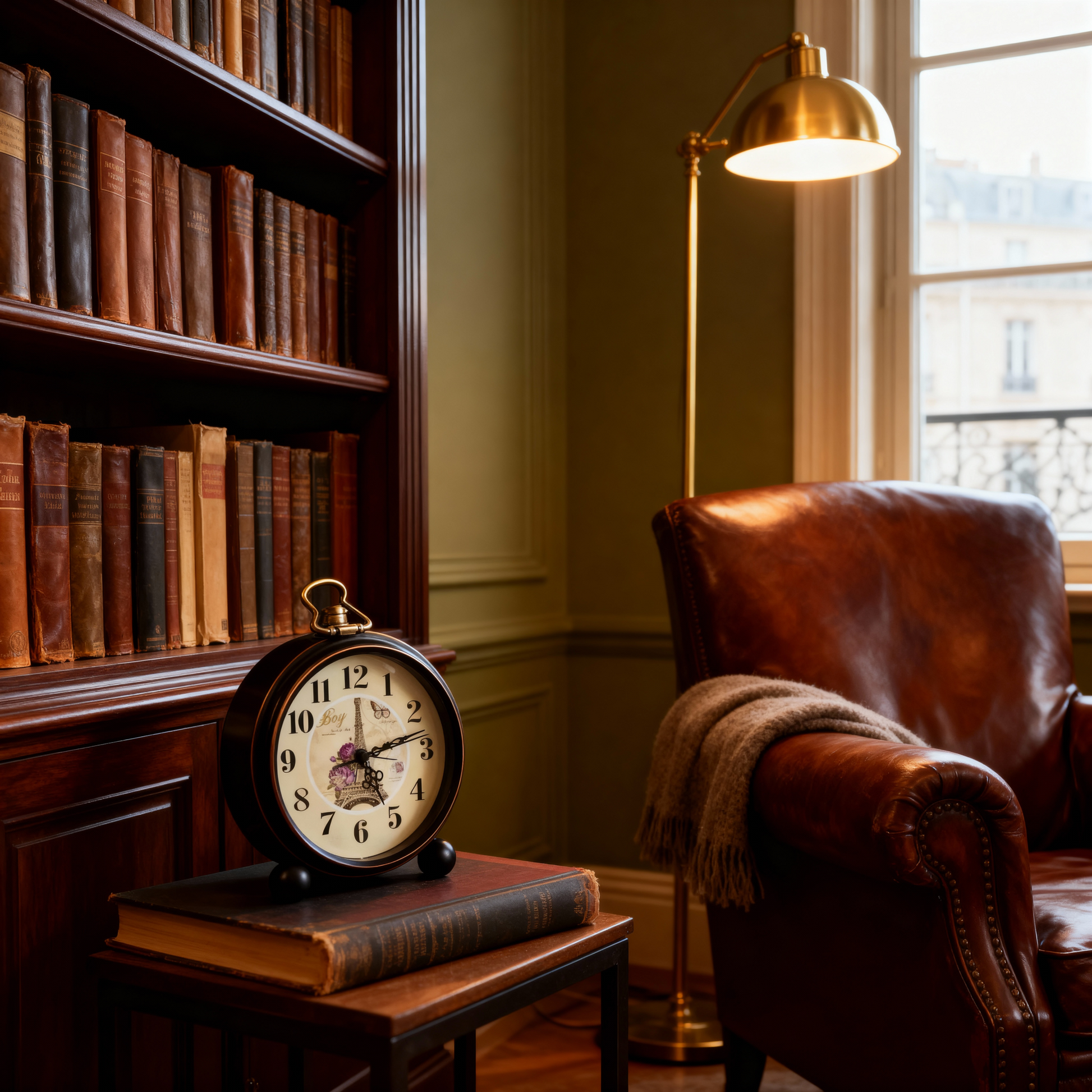 Horloge de table style vintage avec motif Tour Eiffel – Finition métal noir et bronze
