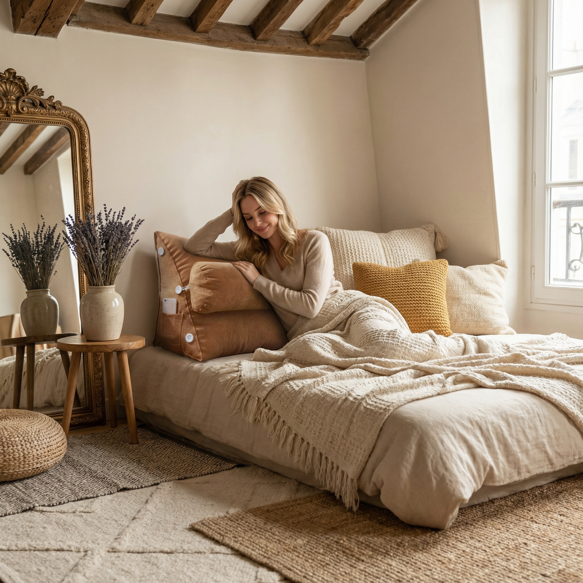 Coussin de Lecture Triangulaire en Peluche – Soutien Dos et Lombaires