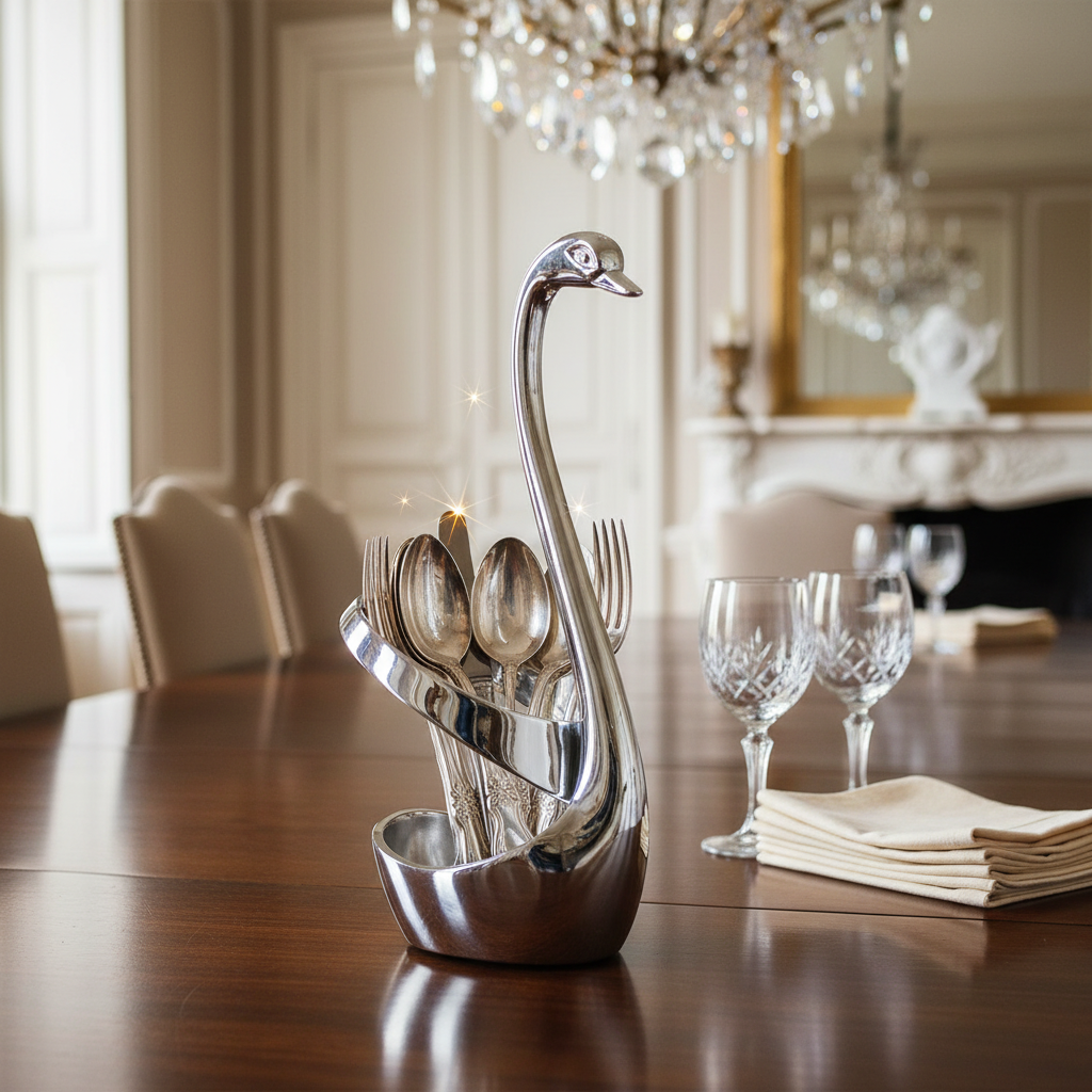 Porte-Couverts en Métal Forme Cygne – Argenté Ou Doré