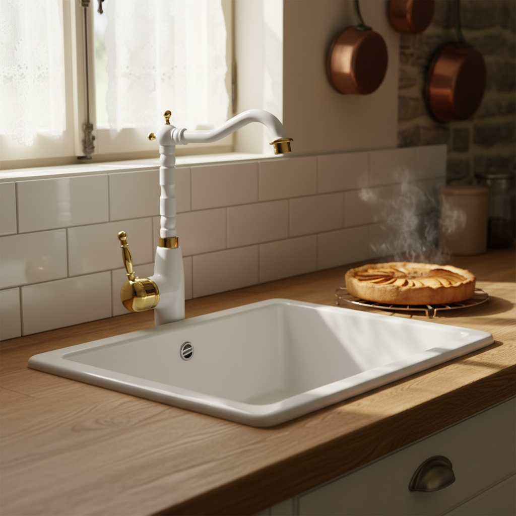 Mitigeur de Cuisine Blanc et Doré