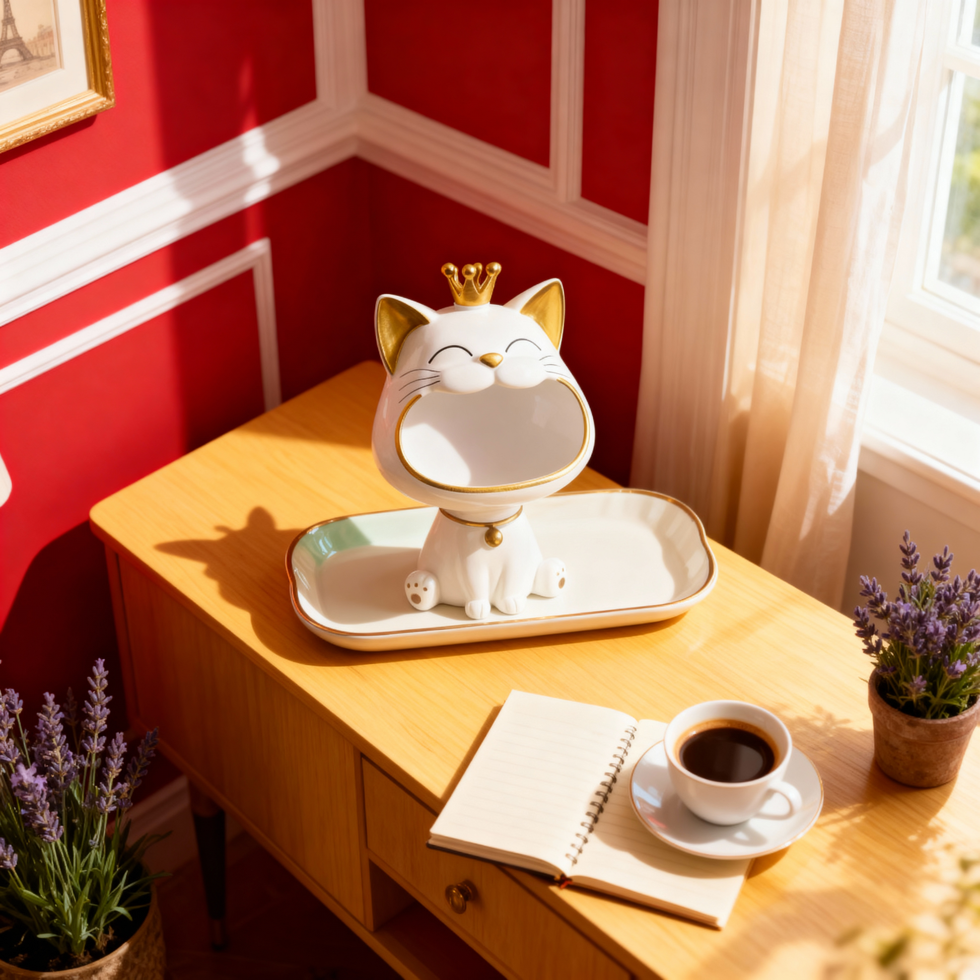 Statue Chat en Résine avec Couronne – Décoration Intérieure Mignonne