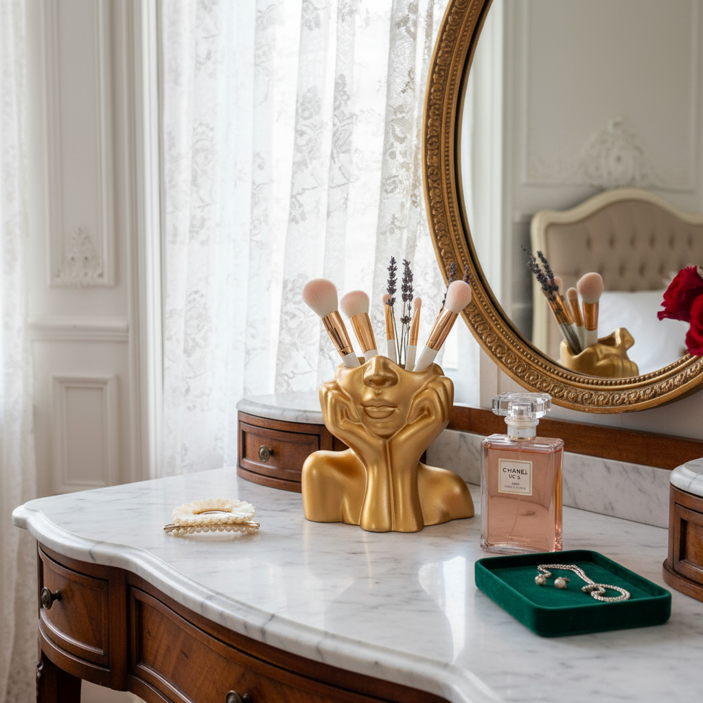 Organisateur de Cosmétiques – Sculpture Abstraite en Résine (Noir/Doré)