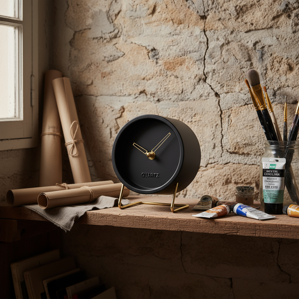 Horloge de Table Design Minimaliste – Noire avec Pied Doré